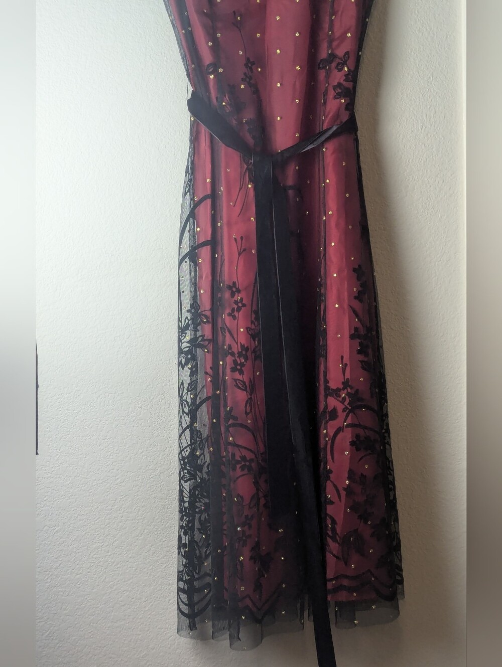 Coldwater Creek P6 Burgundy Black Floral Mesh Overlay Midi Dress - Picture 6 of 10